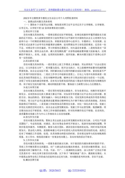2023年主题教育专题民主生活会公司个人对照检查材料