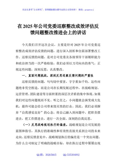 在2025年公司党委巡察整改成效评估反馈问题整改推进会上的讲话