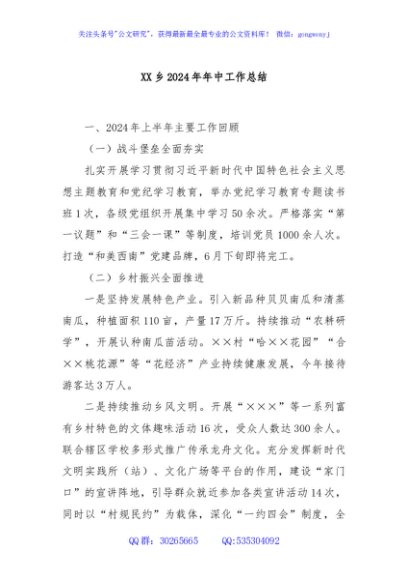 XX乡2024年年中工作总结