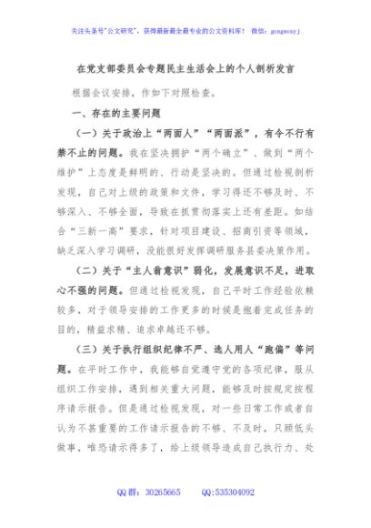 在党支部委员会专题民主生活会上的个人剖析发言