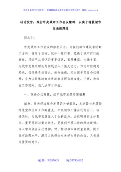 研讨发言：践行中央城市工作会议精神，以实干铸就城市发展新辉煌