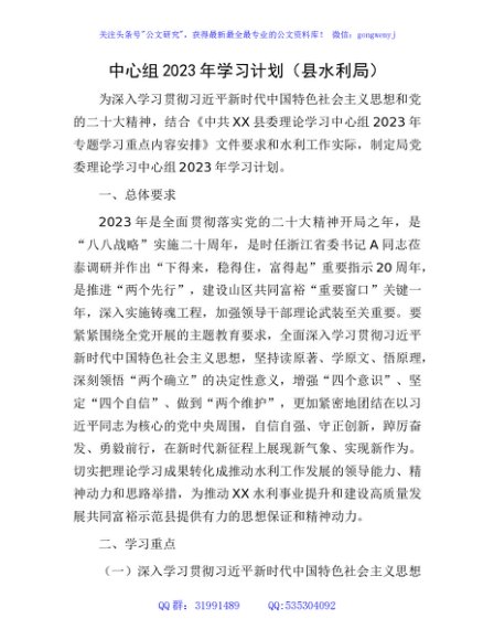 中心组2023年学习计划（水利3300字）