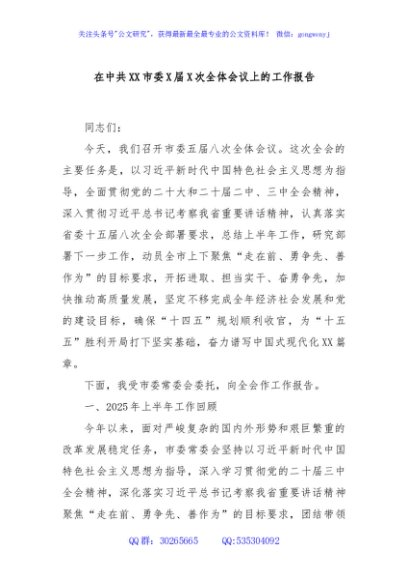 在中共XX市委X届X次全体会议上的工作报告