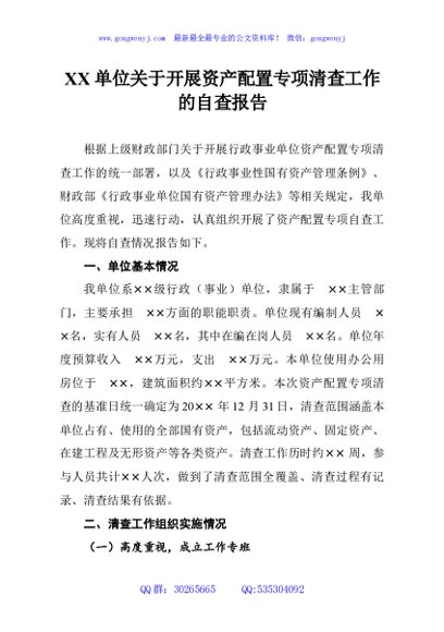 XX单位关于开展资产配置专项清查工作的自查报告
