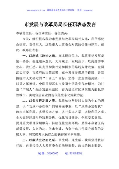 市发展与改革局局长任职表态发言