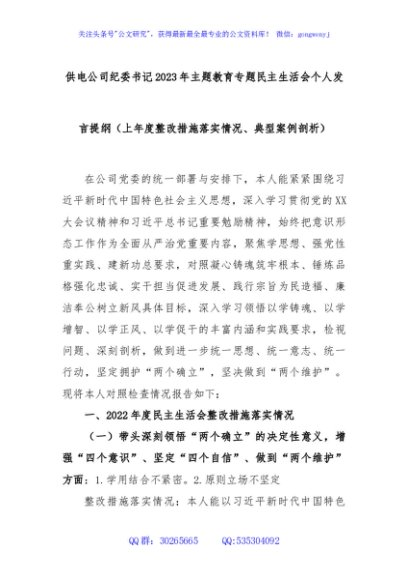供电公司纪委书记2023年主题教育专题民主生活会个人发言提纲（上年度整改措施落实情况、典型案例剖析）