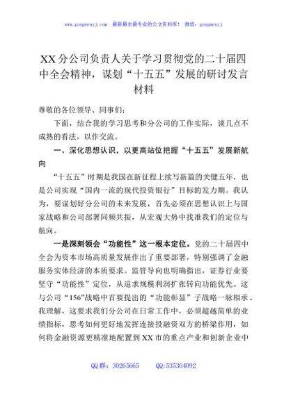 XX分公司负责人关于学习贯彻党的二十届四中全会精神，谋划“十五五”发展的研讨发言材料