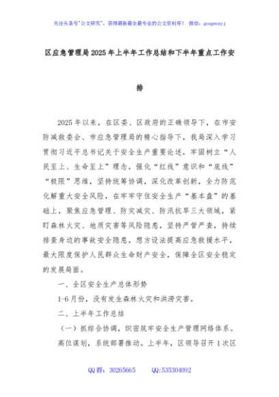 区应急管理局2025年上半年工作总结和下半年重点工作安排