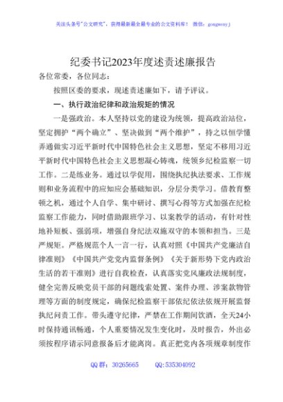 纪委书记2023年度述责述廉报告2600字√