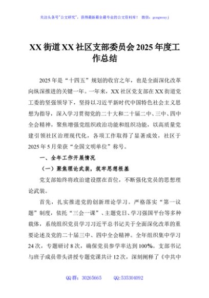 XX街道XX社区支部委员会2025年度工作总结