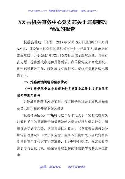 XX县机关事务中心党支部关于巡察整改情况的报告