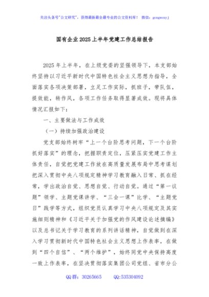 国有企业2025上半年党建工作总结报告