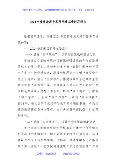 2024年度市政府办基层党建工作述职报告