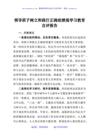 领导班子树立和践行正确政绩观学习教育自评报告