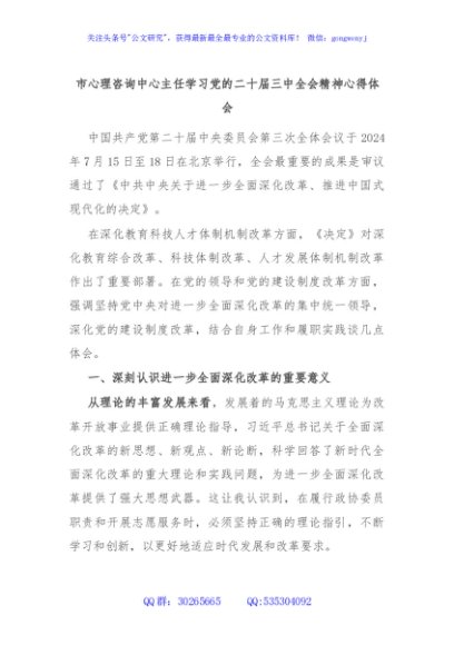 市心理咨询中心主任学习党的二十届三中全会精神心得体会