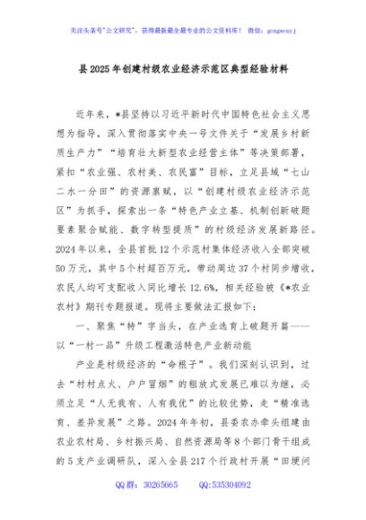 县2025年创建村级农业经济示范区典型经验材料