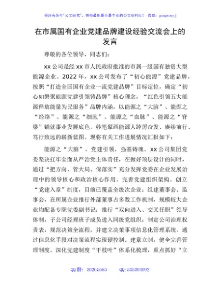 在市属国企党建品牌建设经验交流会上的发言（公司）
