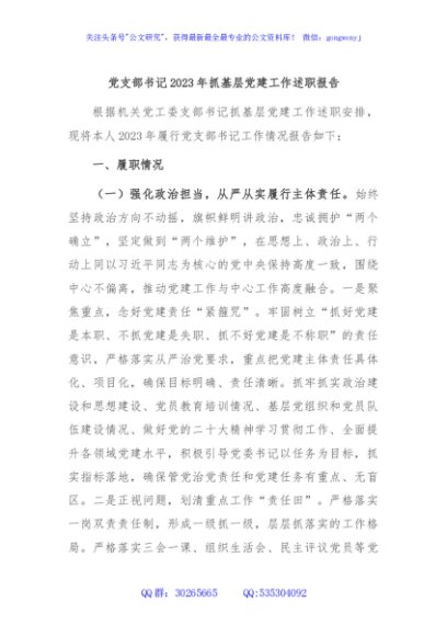 党支部书记2023年抓基层党建工作述职报告