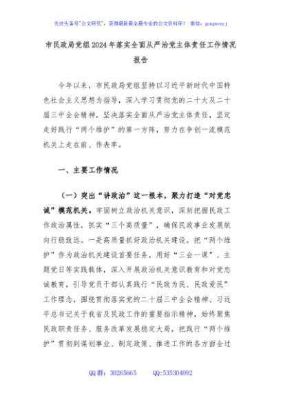 市民政局党组2024年落实全面从严治党主体责任工作情况报告