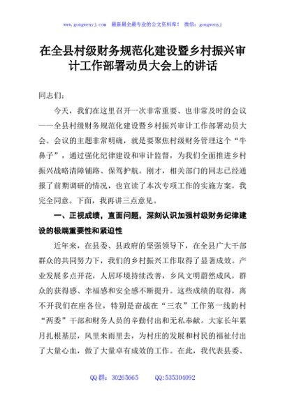 在全县村级财务规范化建设暨乡村振兴审计工作部署动员大会上的讲话