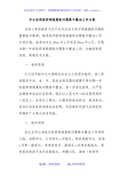 市公安局医药领域腐败问题集中整治工作方案