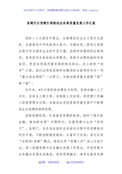 某建行以党建引领推动业务高质量发展工作汇报
