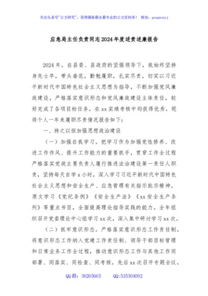 应急局主任负责同志2024年度述责述廉报告