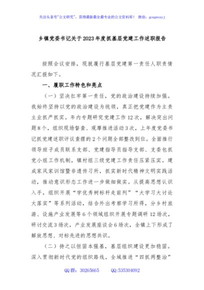 乡镇党委书记关于2023年度抓基层党建工作述职报告