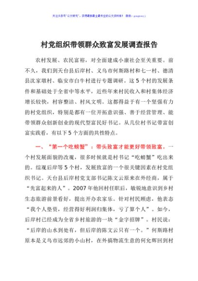 村党组织带领群众致富发展调查报告