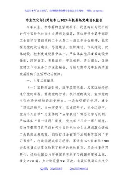 市直文化部门党组书记2024年抓基层党建述职报告