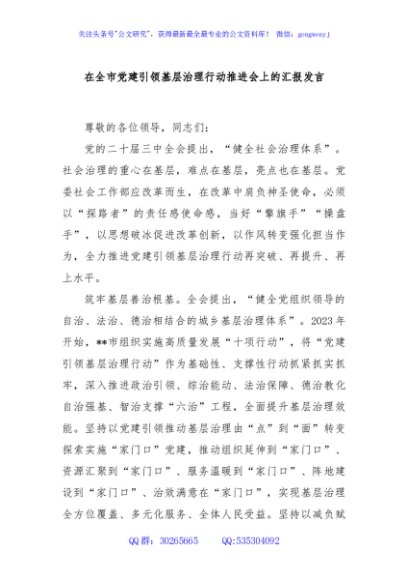 在全市党建引领基层治理行动推进会上的汇报发言