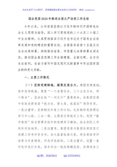 国企党委2024年推进全面从严治党工作总结