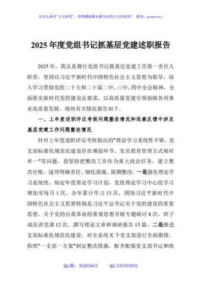 2025年度党组书记抓基层党建述职报告