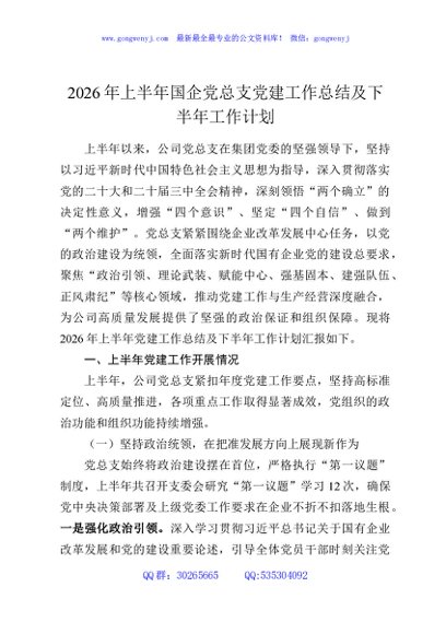 2026年上半年国企党总支党建工作总结及下半年工作计划