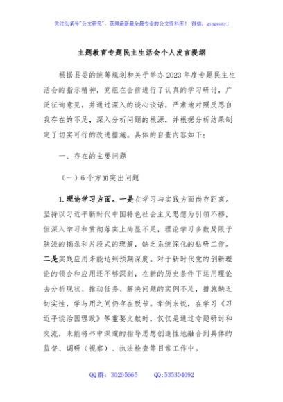 主题教育专题民主生活会个人发言提纲