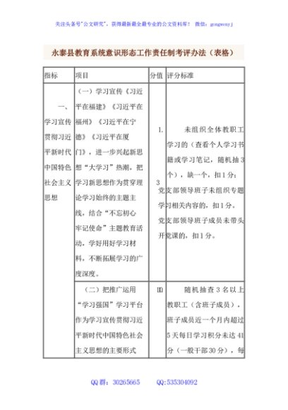 永泰县教育系统意识形态工作责任制考评办法（表格）