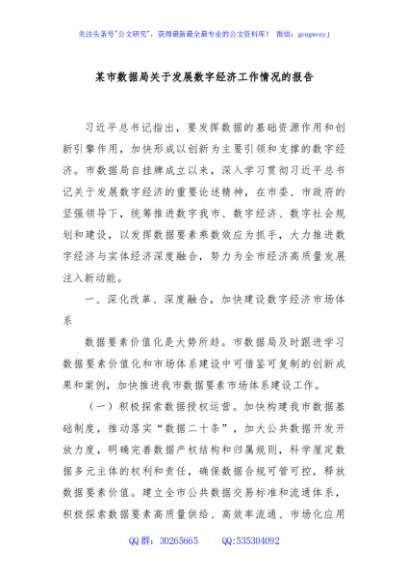 某市数据局关于发展数字经济工作情况的报告