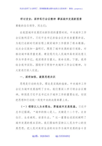研讨发言：深学笃行会议精神 擘画城市发展新图景