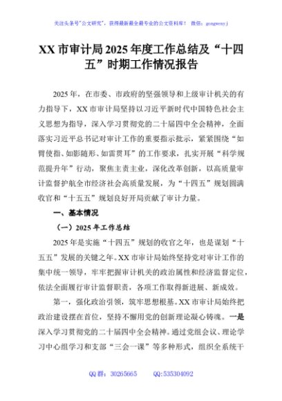 XX市审计局2025年度工作总结及“十四五”时期工作情况报告