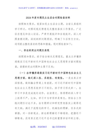 2024年度专题民主生活会对照检查材料