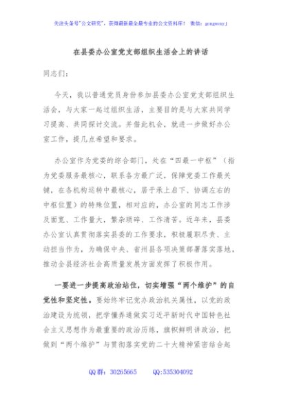 在县委办公室党支部组织生活会上的讲话
