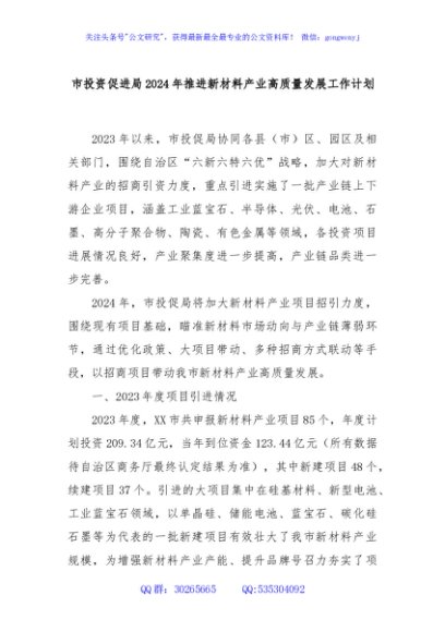 市投资促进局2024年推进新材料产业高质量发展工作计划