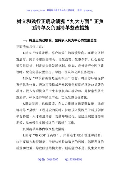 树立和践行正确政绩观“九大方面”正负面清单及负面清单整改措施