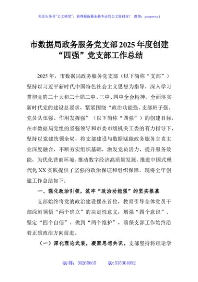 市数据局政务服务党支部2025年度创建“四强”党支部工作总结