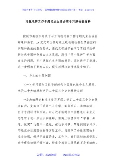 巡视巡察工作专题民主生活会班子对照检查材料
