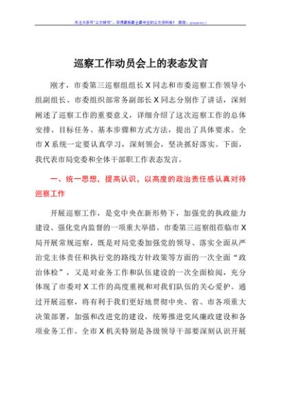 巡察工作动员会上的表态发言
