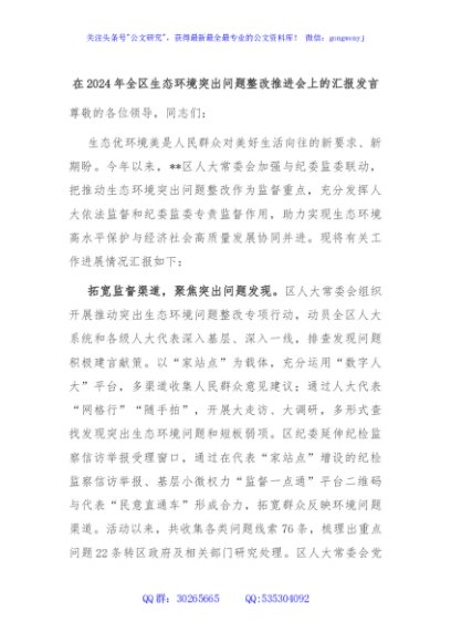 在2024年全区生态环境突出问题整改推进会上的汇报发言