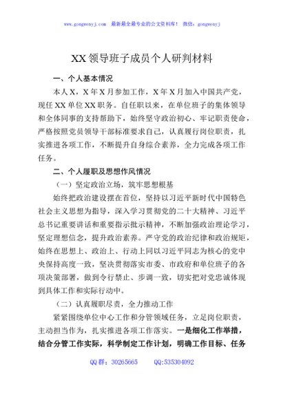 XX领导班子成员个人研判材料