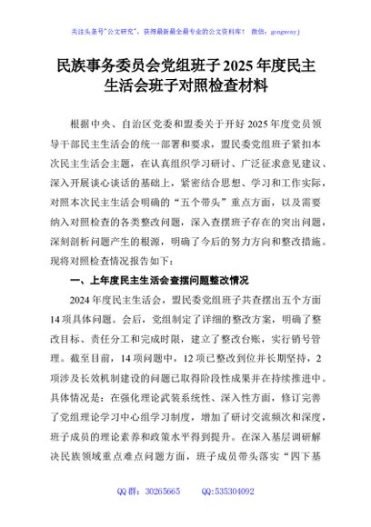 民族事务委员会党组班子2025年度民主生活会班子对照检查材料