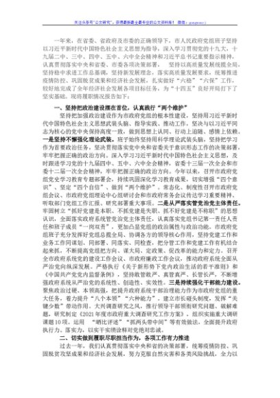 市政府党组班子2021年述职述廉报告